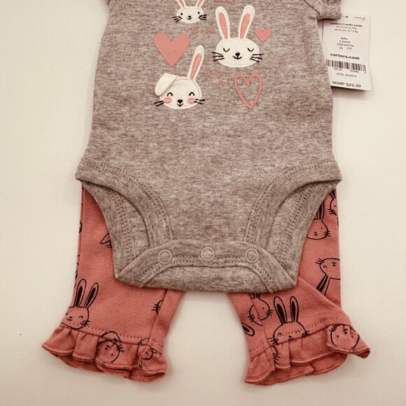 Carter’s Baby Girl 2-Piece Bunny Bodysuit & Ruffle Pants Set Pink Grey Newborn - Picture 2 of 7